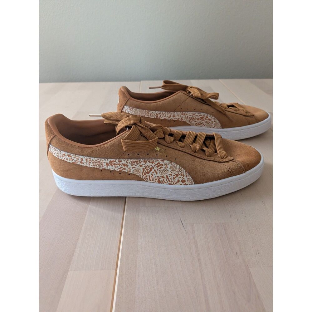 Puma New York Suede Sneakers Women's 9 Tan Brown Floral Print Low Top Shoes